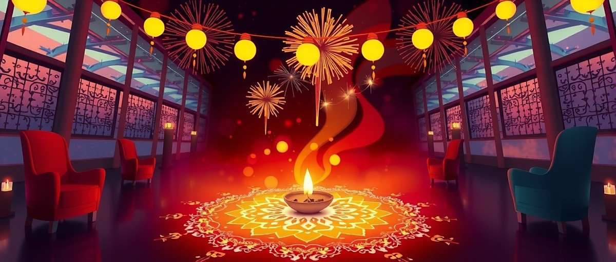 Indian Anise Glory Diwali Celebration Indian Anise Glory Diwali event showing a virtual celebration with lamps, rangoli, and fireworks